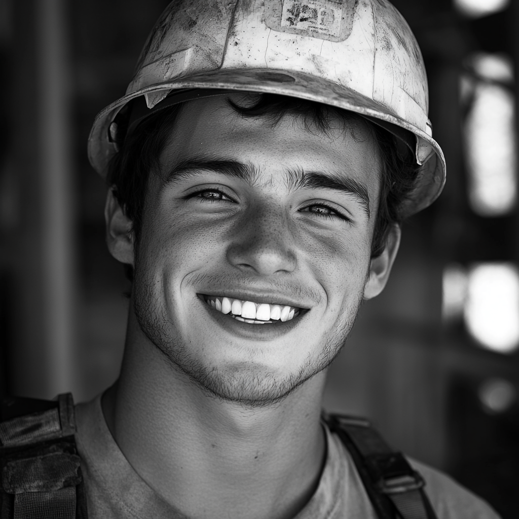 Un hombre sonriente trabajando en la construcción | Fuente: Midjourney