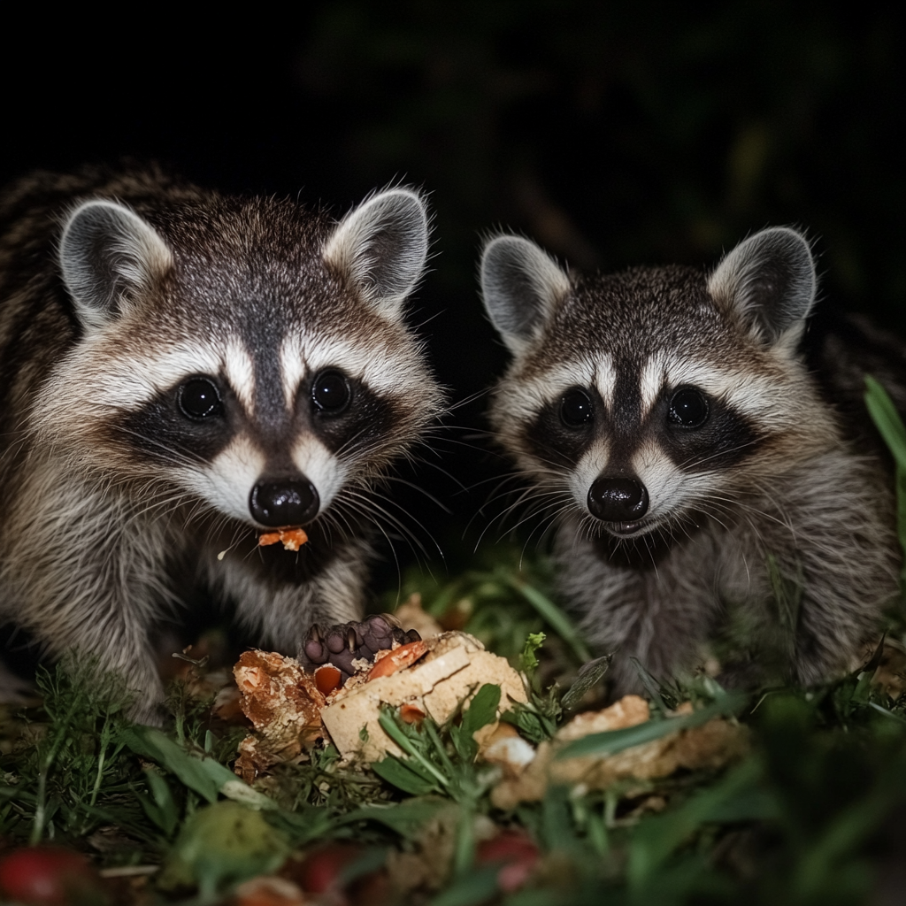 Una pareja de mapaches comiendo | Fuente: Midjourney