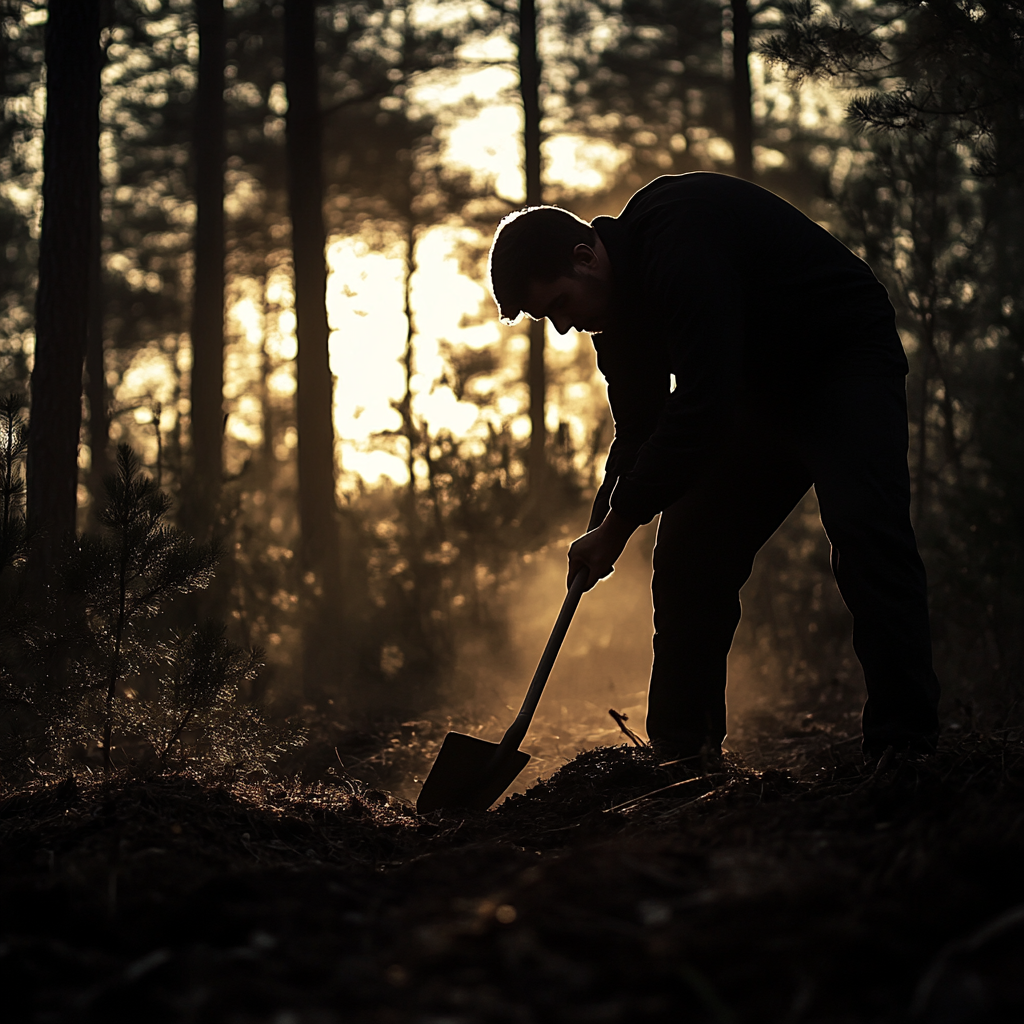 Un hombre usando una pala en el bosque | Fuente: Midjourney