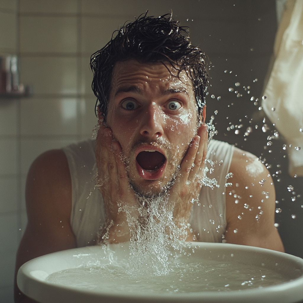 Un hombre conmocionado echándose agua en la cara | Fuente: Midjourney