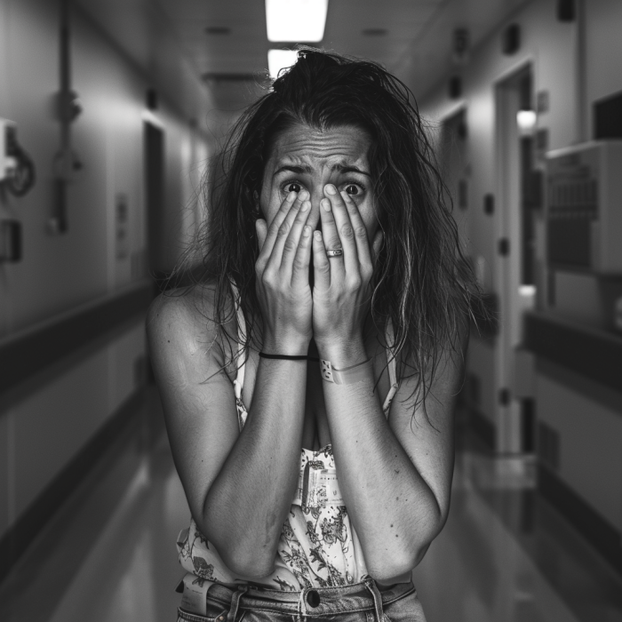Una mujer conmocionada y herida en el pasillo de un hospital | Fuente: Midjourney