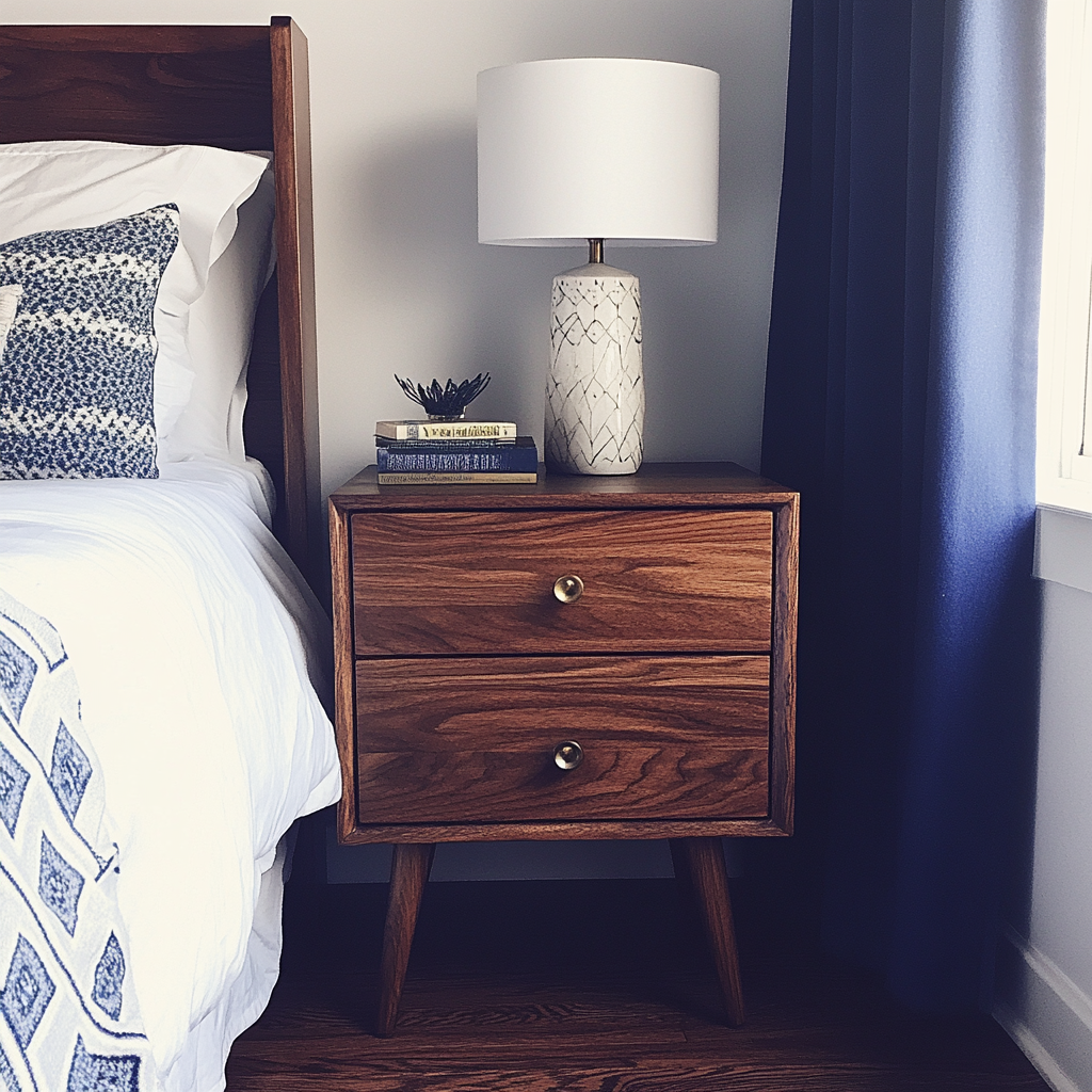 Una mesilla de noche de madera oscura en un dormitorio | Fuente: Midjourney