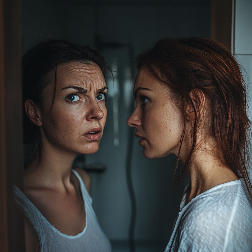 Dos mujeres enfadadas hablando en un baño | Fuente: Midjourney