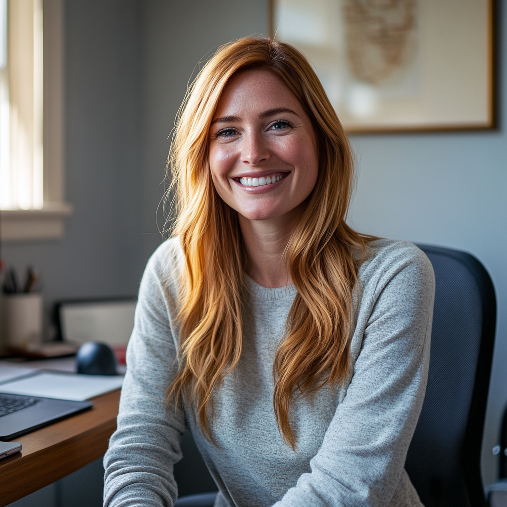 Una psicoterapeuta sonriente sentada en su despacho | Fuente: Midjourney