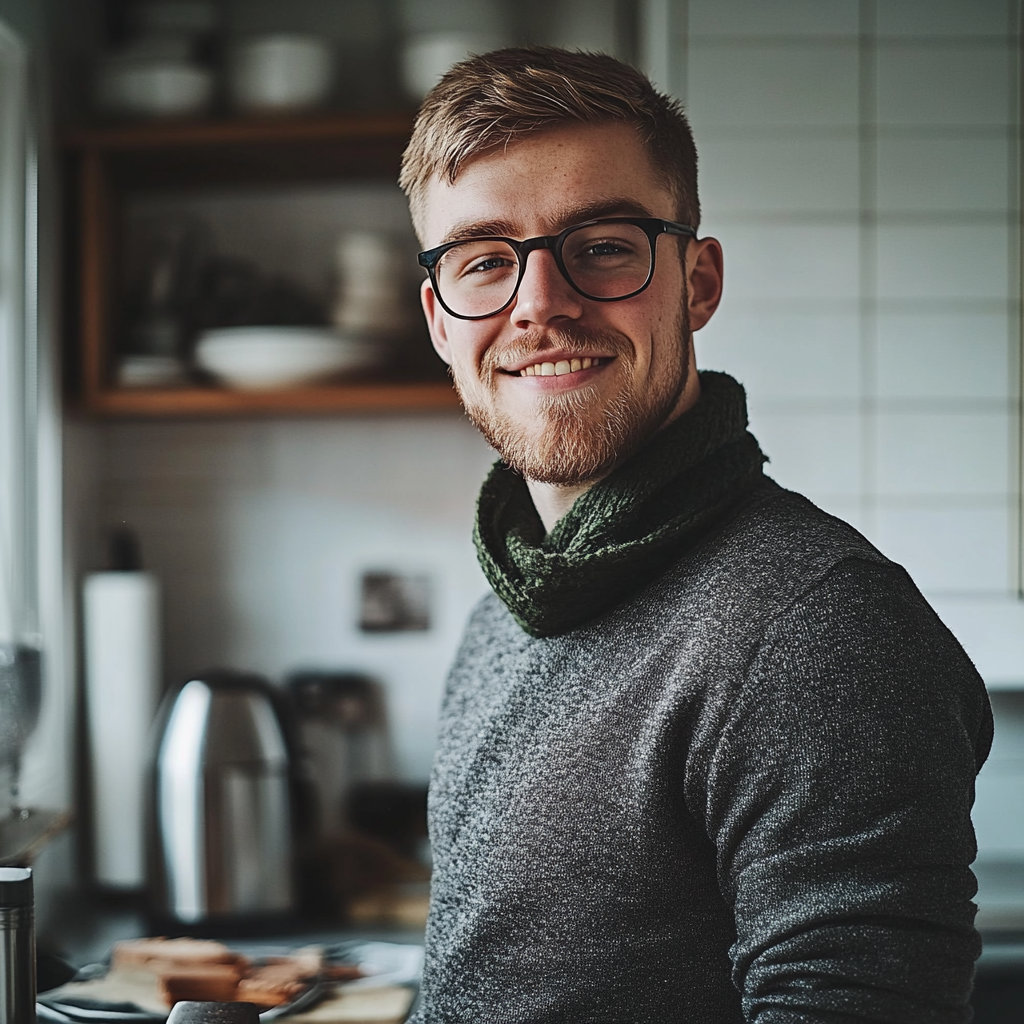 Un hombre de pie en la cocina de buen humor | Fuente: Midjourney