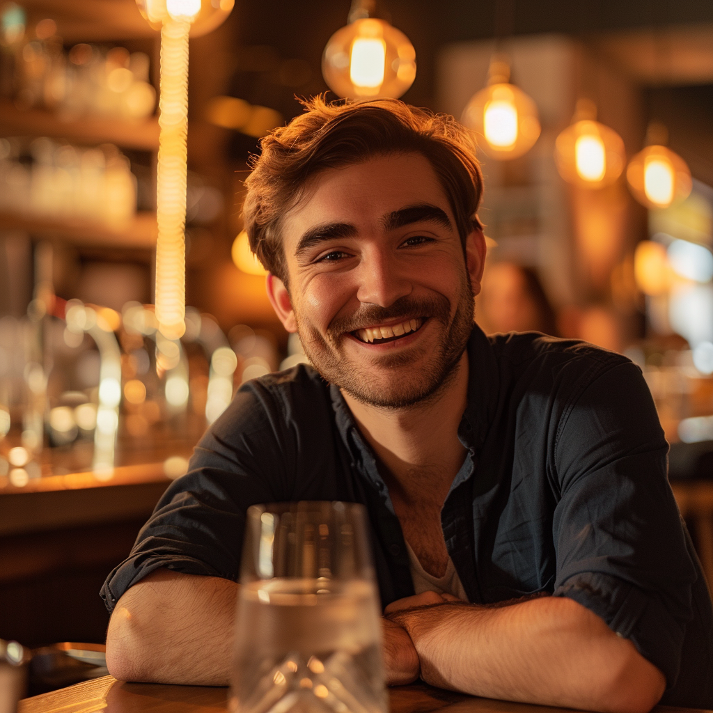 Un hombre sonriente en una mesa | Fuente: Midjourney