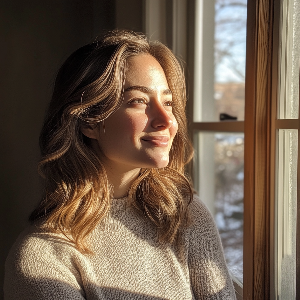 Una mujer sonriente mirando por una ventana | Fuente: Midjourney