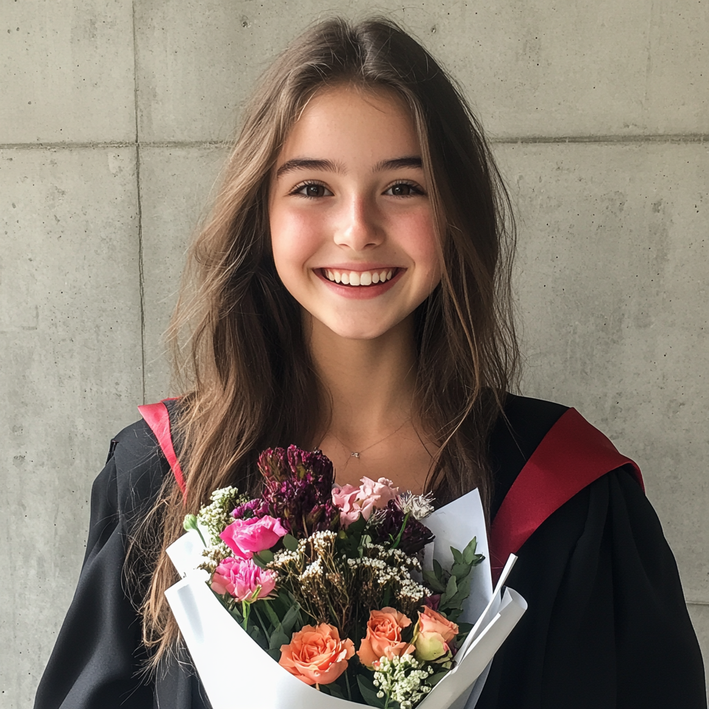 Una adolescente con su traje de graduación y flores | Fuente: Midjourney