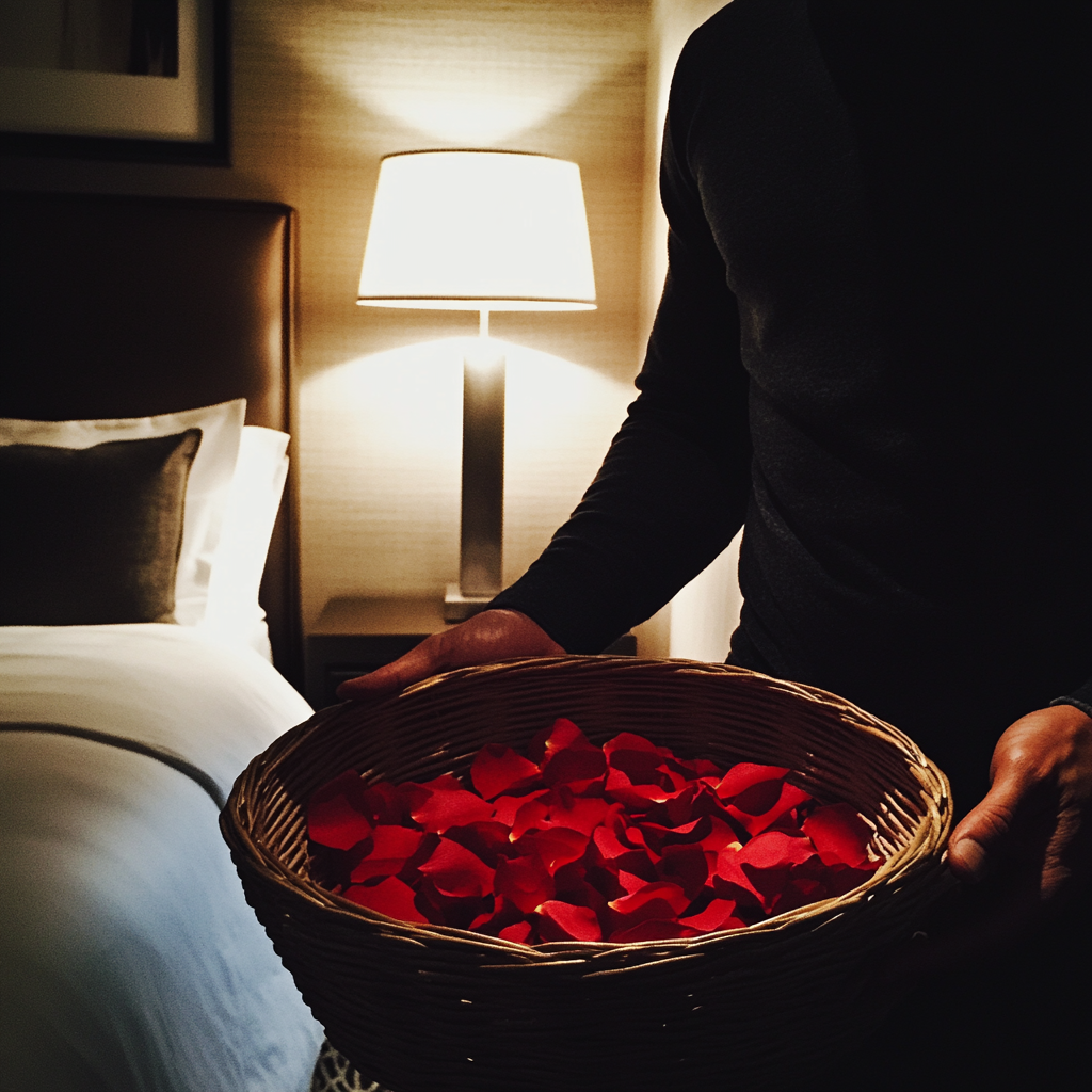 Un hombre con una cesta de rosas | Fuente: Midjourney