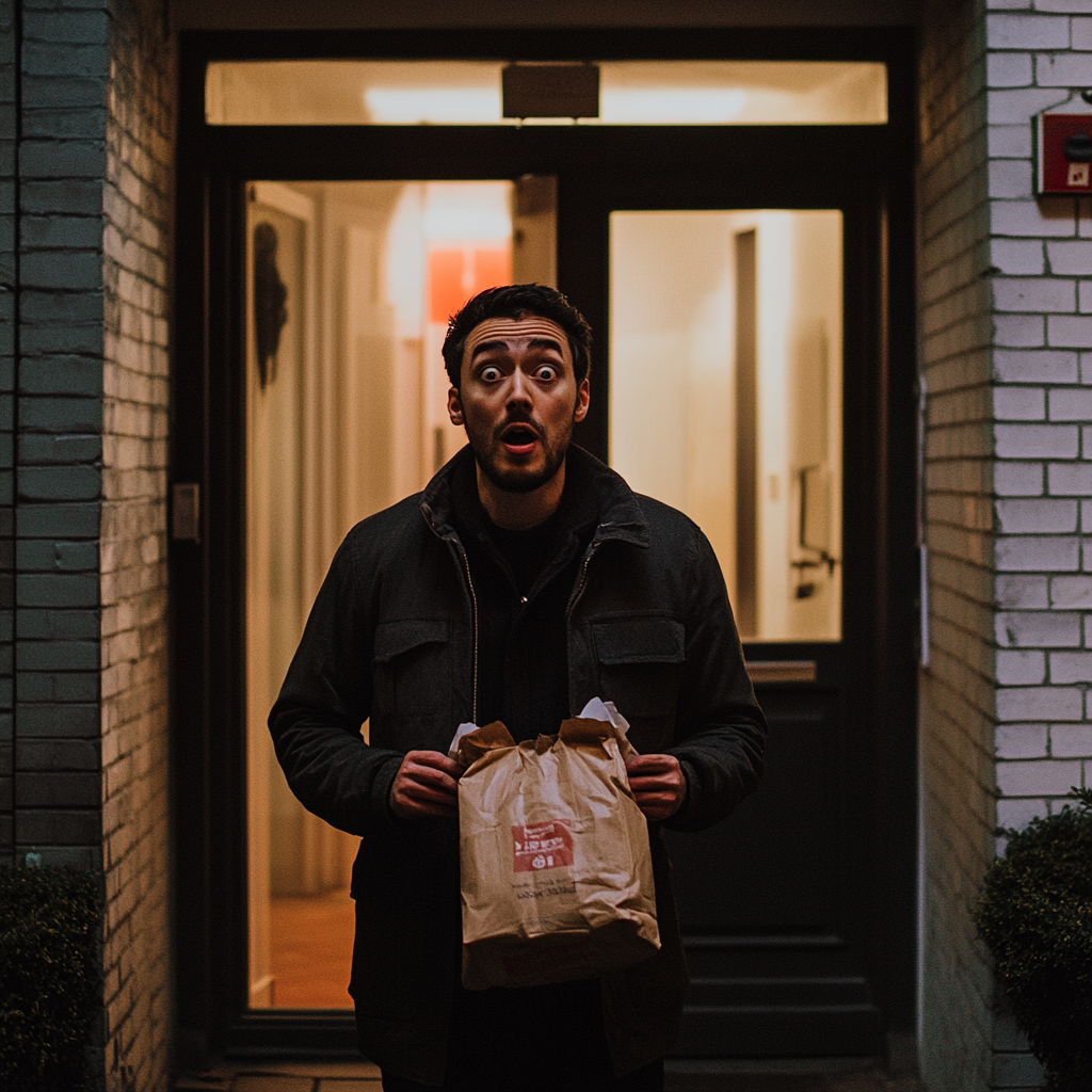 Un hombre en estado de shock con comida para llevar | Fuente: Midjourney