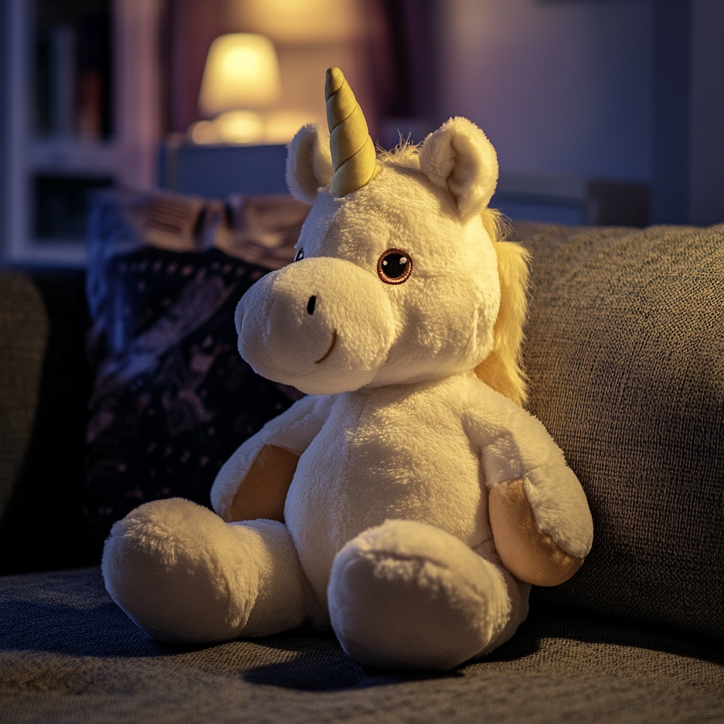 Un unicornio de peluche en un sofá | Fuente: Midjourney
