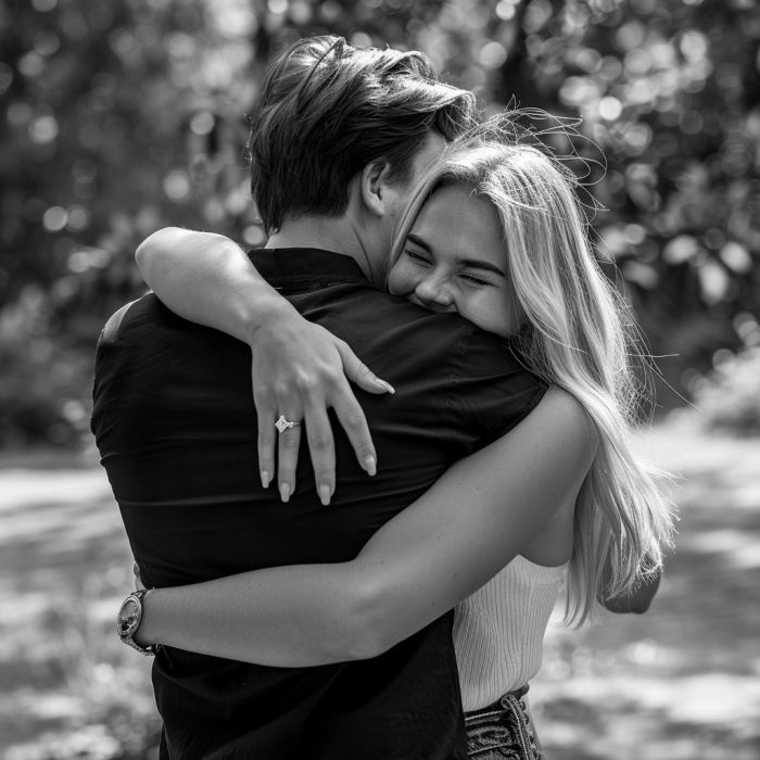 Una mujer abraza a su novio tras una romántica proposición de matrimonio en un parque | Fuente: Midjourney