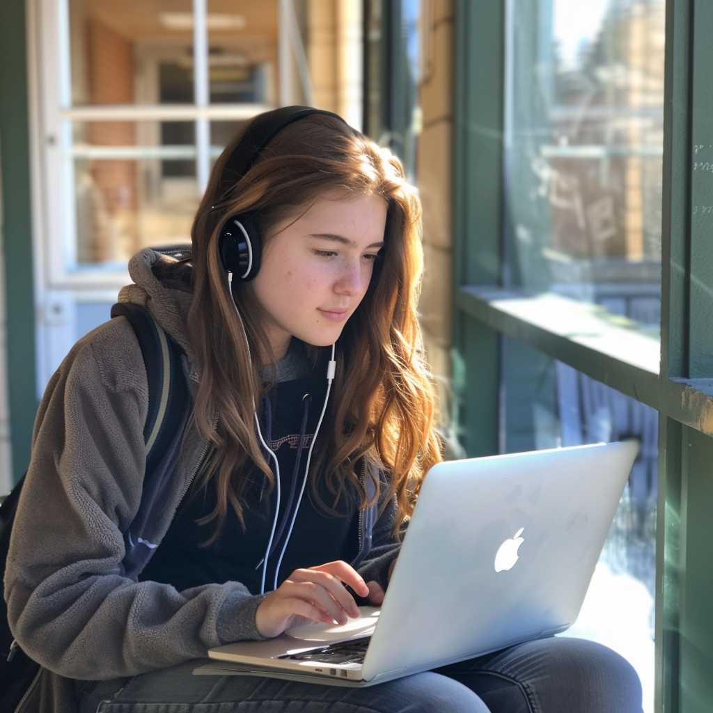 Una chica sentada con un portátil y auriculares | Fuente: Midjourney