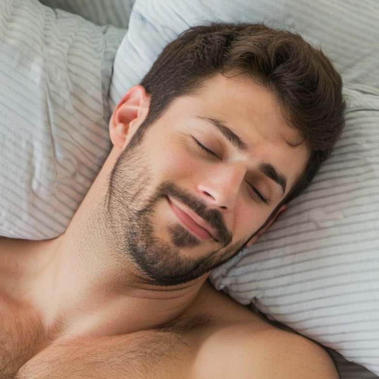 Un hombre en la cama, sonriendo felizmente | Fuente: Midjourney