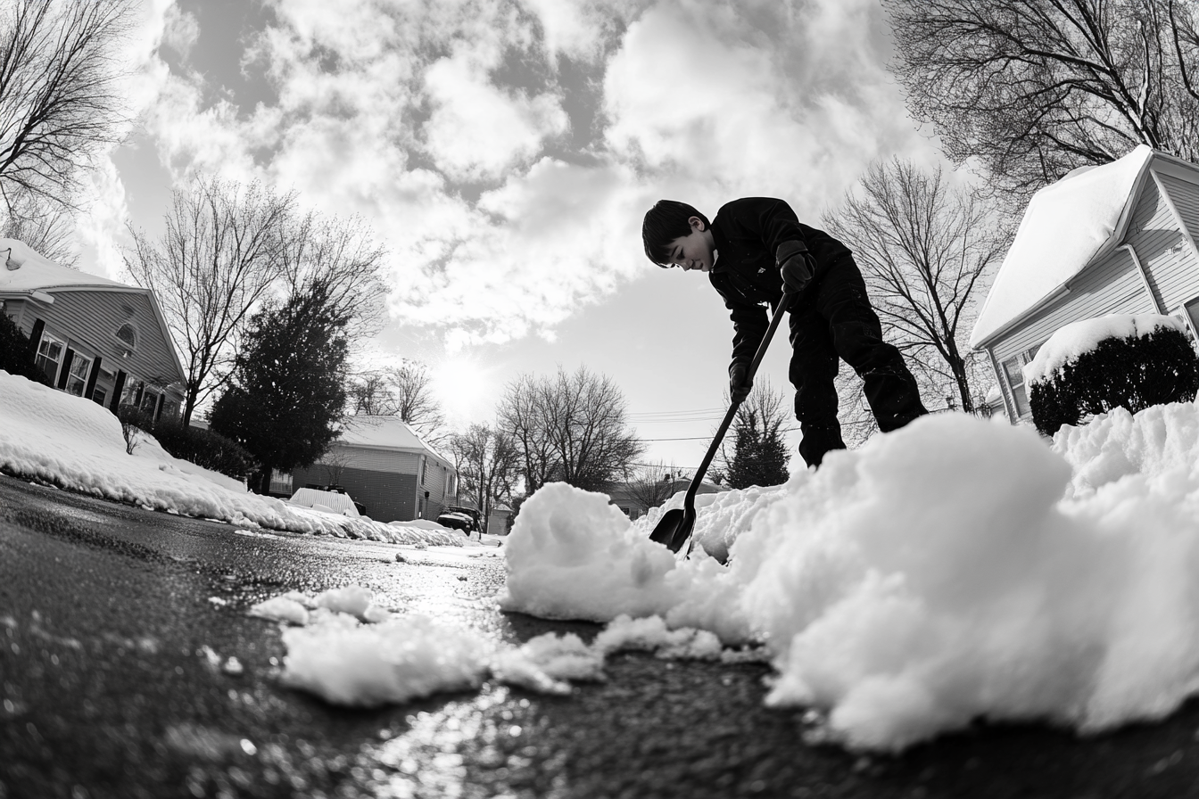 Un niño paleando nieve | Fuente: Midjourney