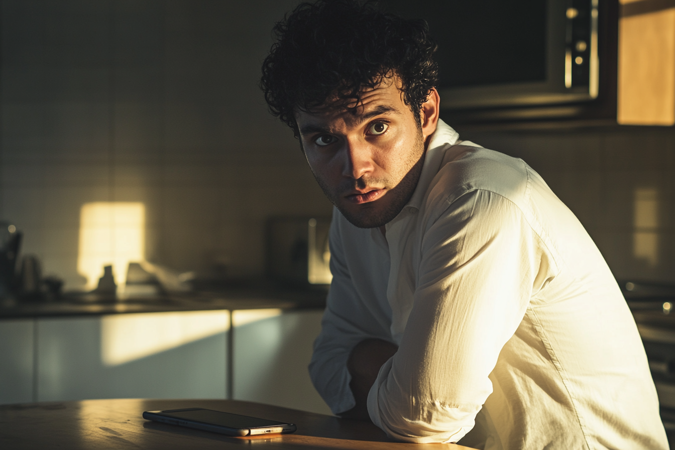 Hombre joven con mirada suplicante en la cocina | Fuente: Midjourney