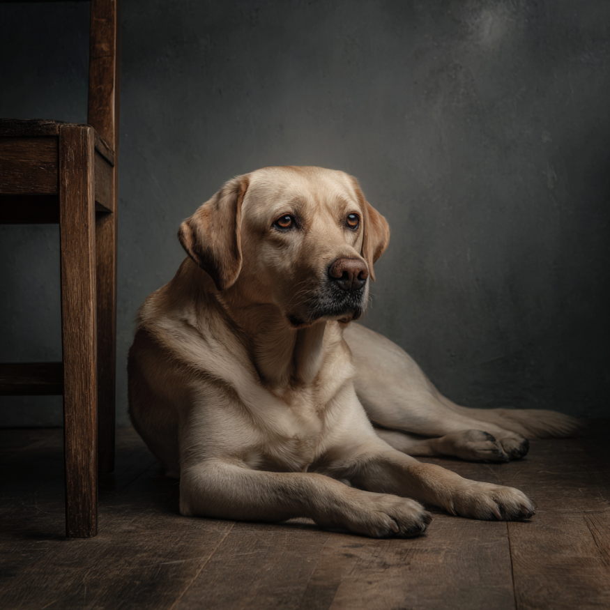 Un perro tumbado junto a una silla | Fuente: Midjourney