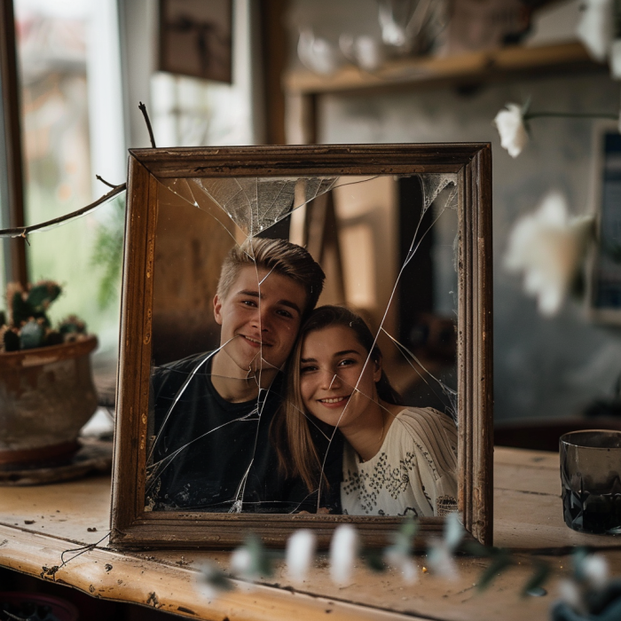 Un marco de fotos con la imagen de un hombre y una mujer jóvenes con el cristal rajado por delante | Fuente: Midjourney
