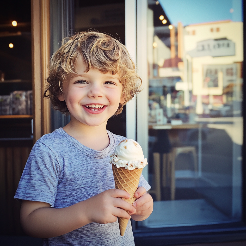 Un niño con un cucurucho de helado en la mano | Fuente: Midjourney