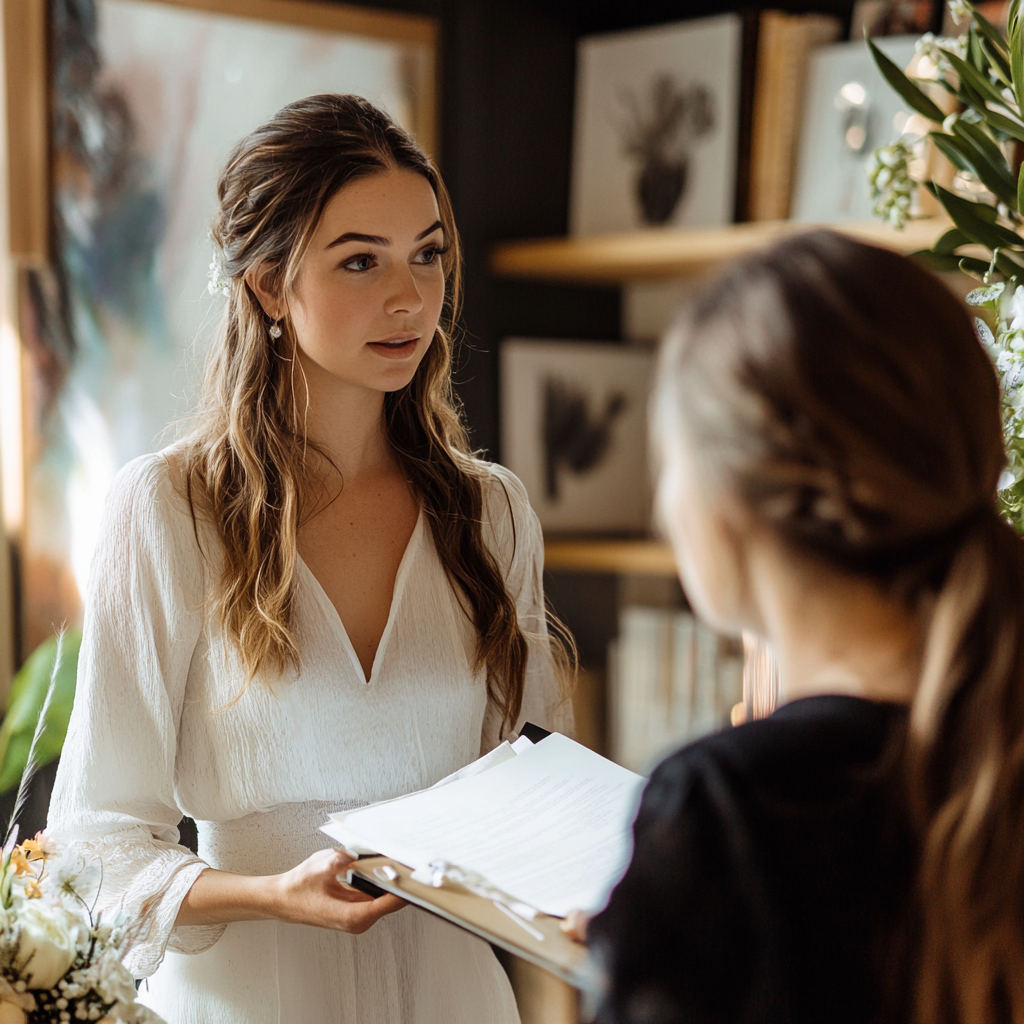 La organizadora de bodas y la futura novia hablando | Fuente: Midjourney