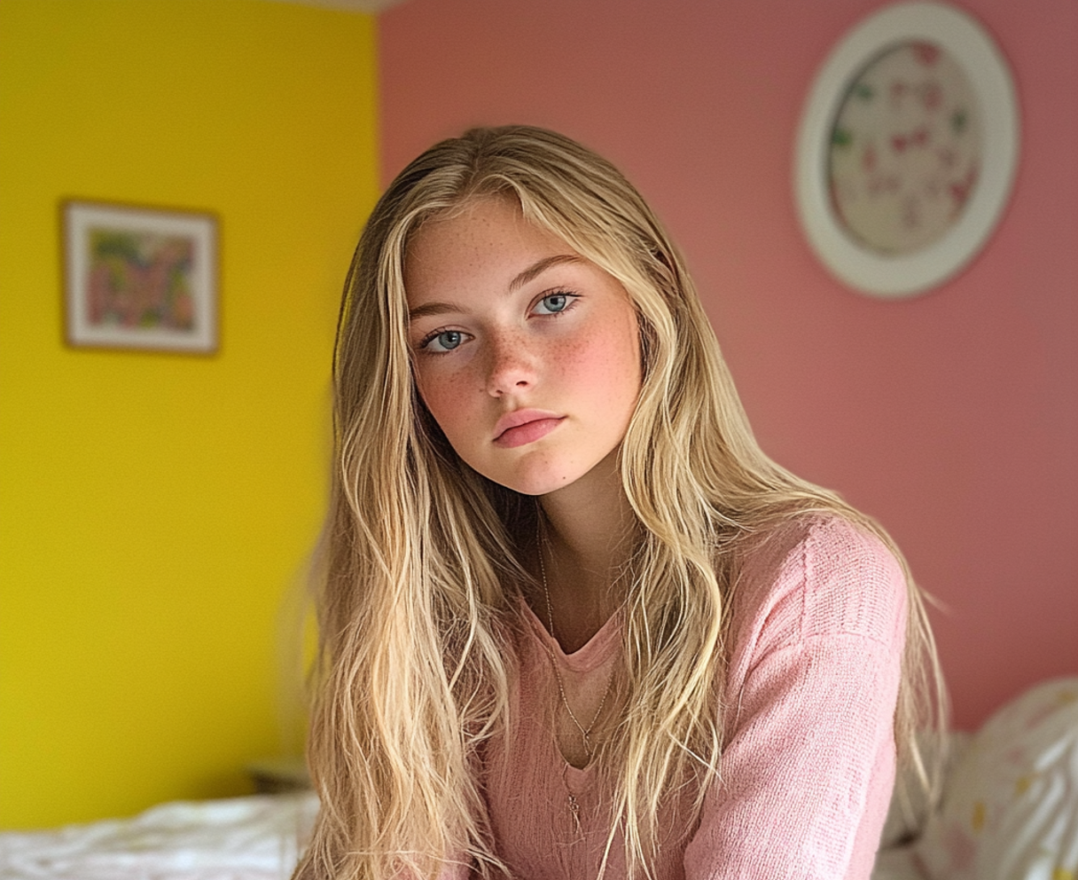 Una adolescente sentada en su cama | Fuente: Midjourney