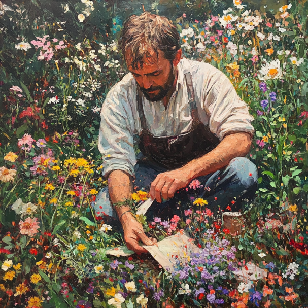 Un hombre trabajando en un jardín de flores | Fuente: Midjourney
