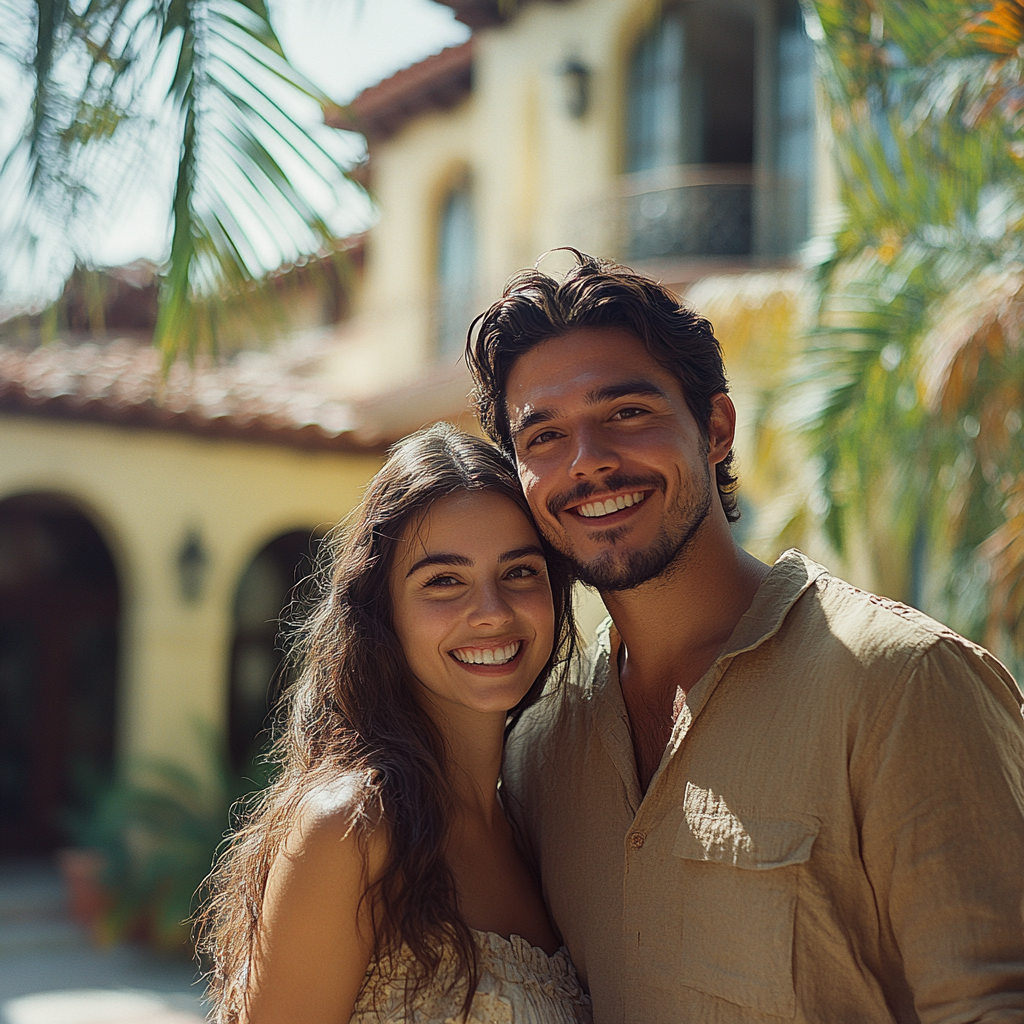 Una pareja feliz delante de una casa | Fuente: Midjourney