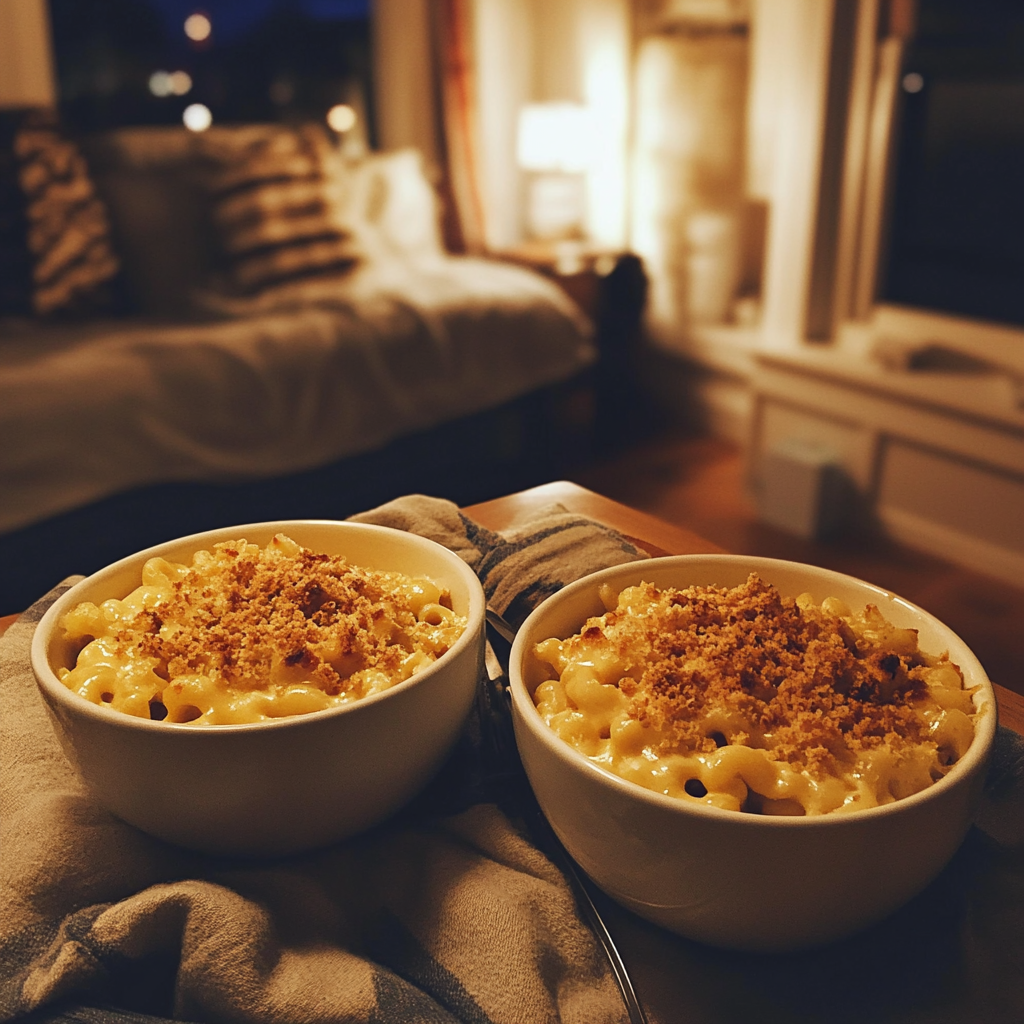 Cuencos de macarrones con queso sobre una mesa de café | Fuente: Midjourney