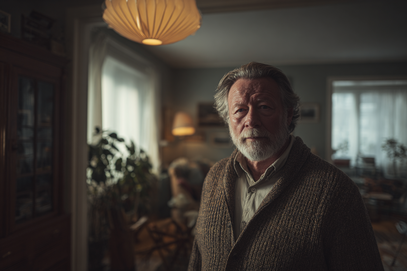 Un hombre mayor de pie en su casa | Fuente: Midjourney