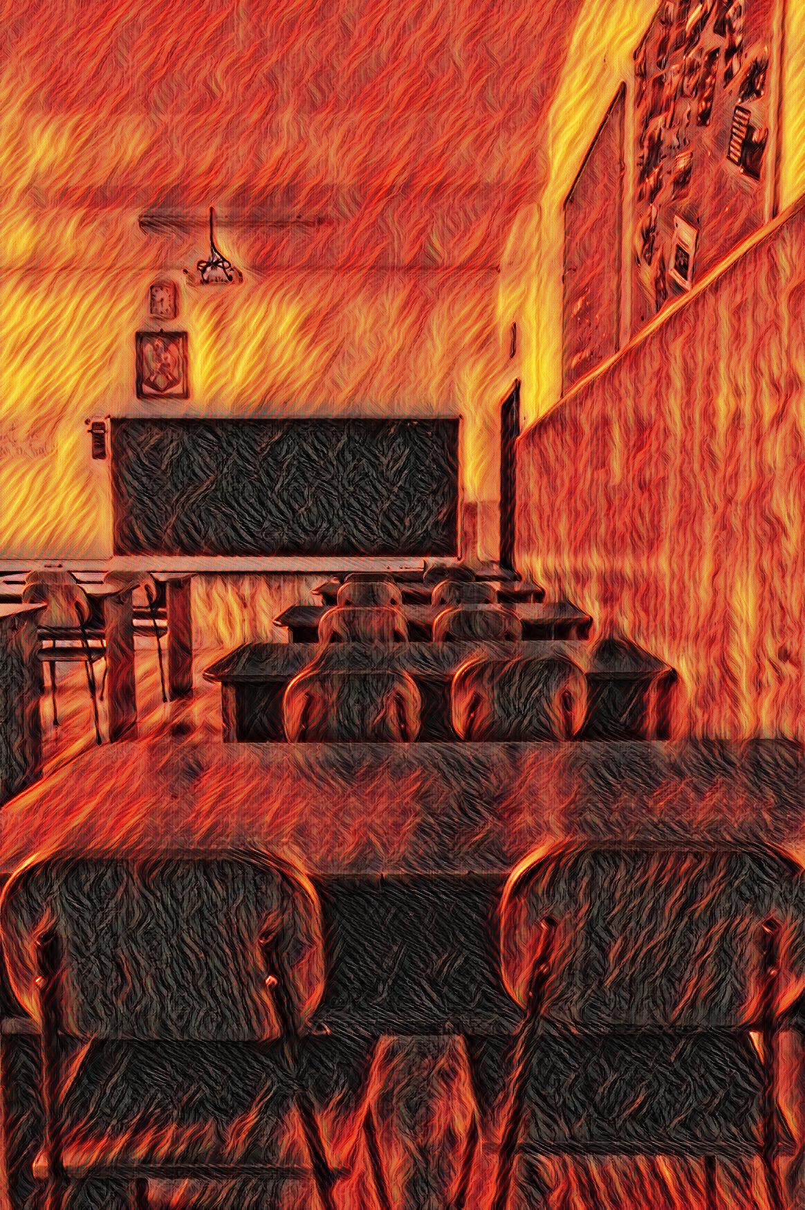 Dibujo de un salón de clases mientras se incendia. | Foto: Pexels