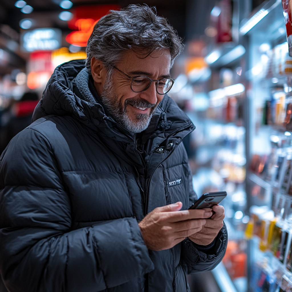 Un hombre feliz de mediana edad mira su teléfono | Fuente: Midjourney