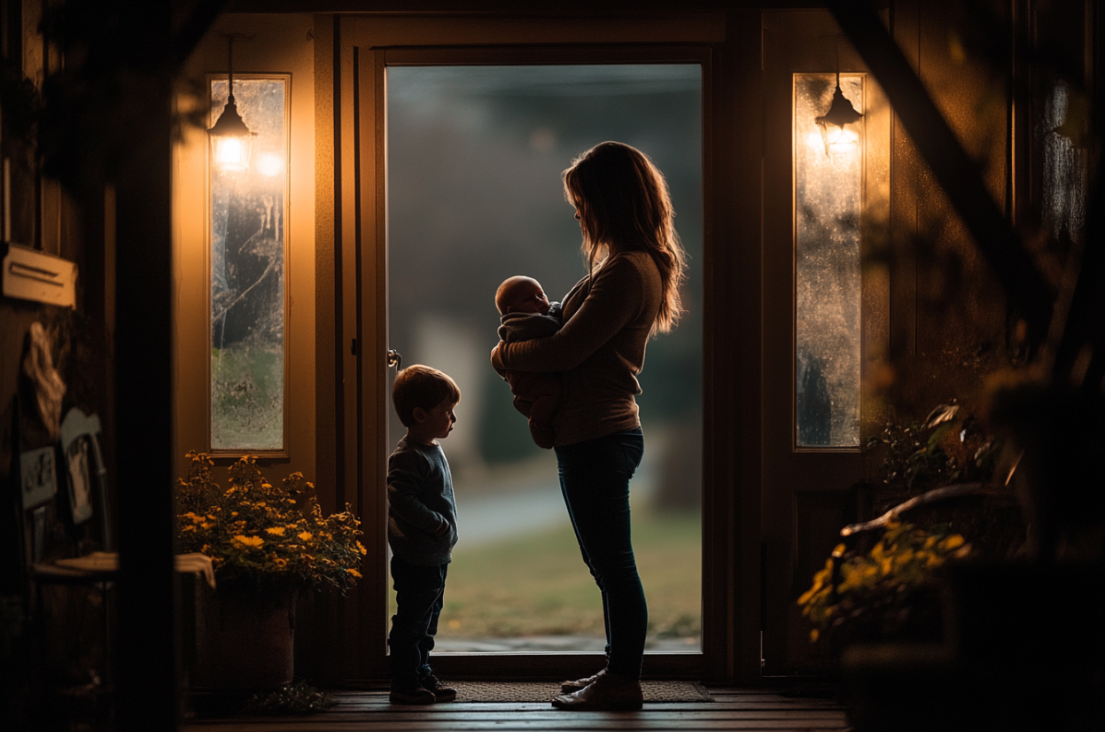 Una mujer de pie en una puerta con dos niños | Fuente: Midjourney