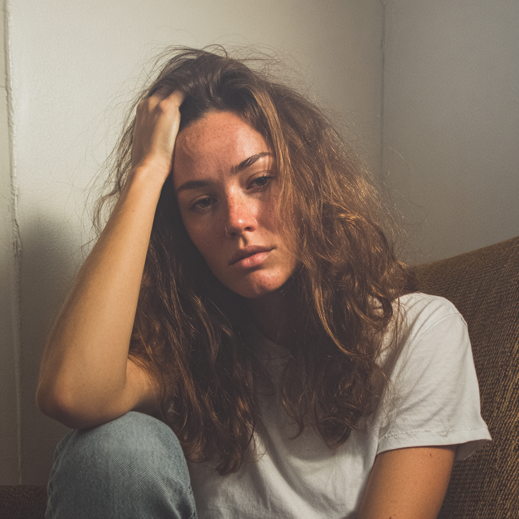 Una mujer alterada con la mano en la cabeza | Fuente: Midjourney