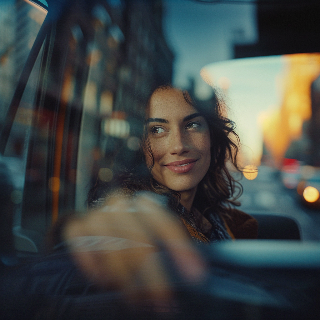 Una mujer sonriente sentada en un Automóvil | Fuente: Midjourney