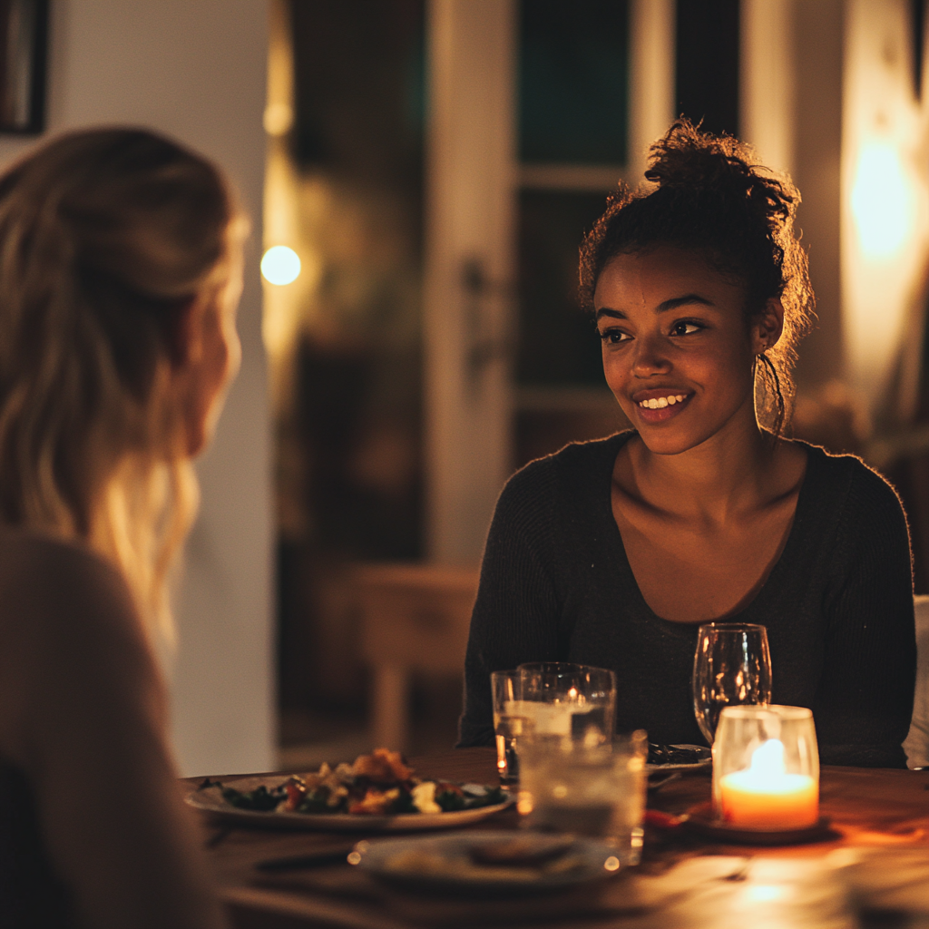 Una mujer con una sonrisa forzada en la mesa | Fuente: Midjourney