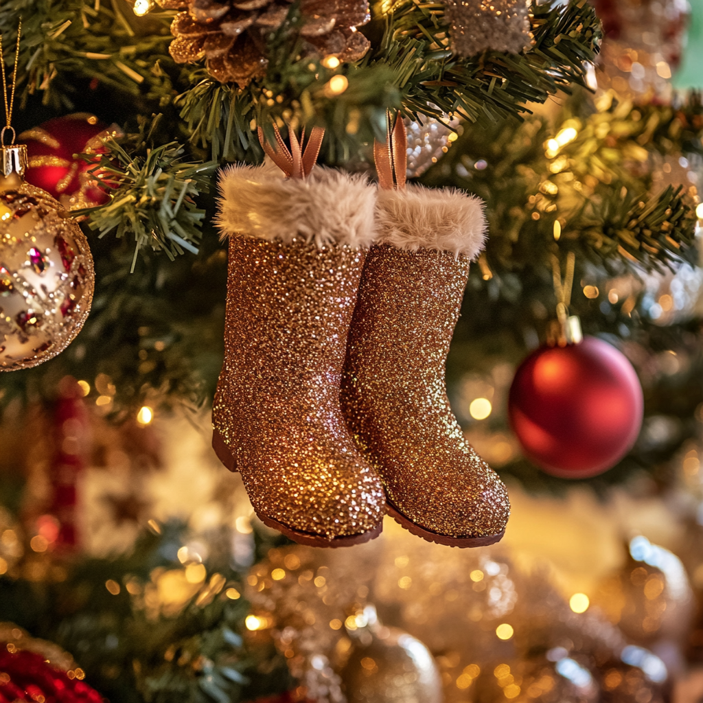 Un par de bonitas baratijas de bota en un árbol de Navidad | Fuente: Midjourney