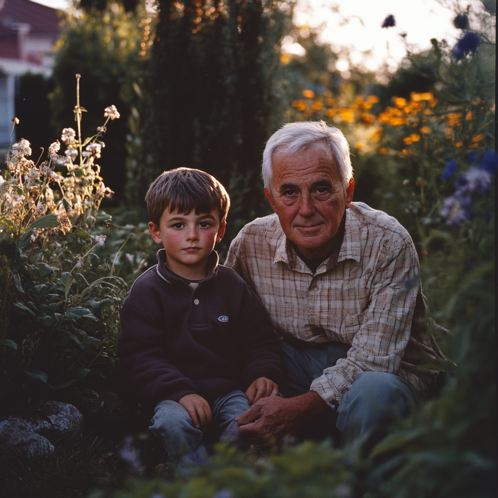 Un abuelo y su nieto en su jardín | Fuente: Midjourney