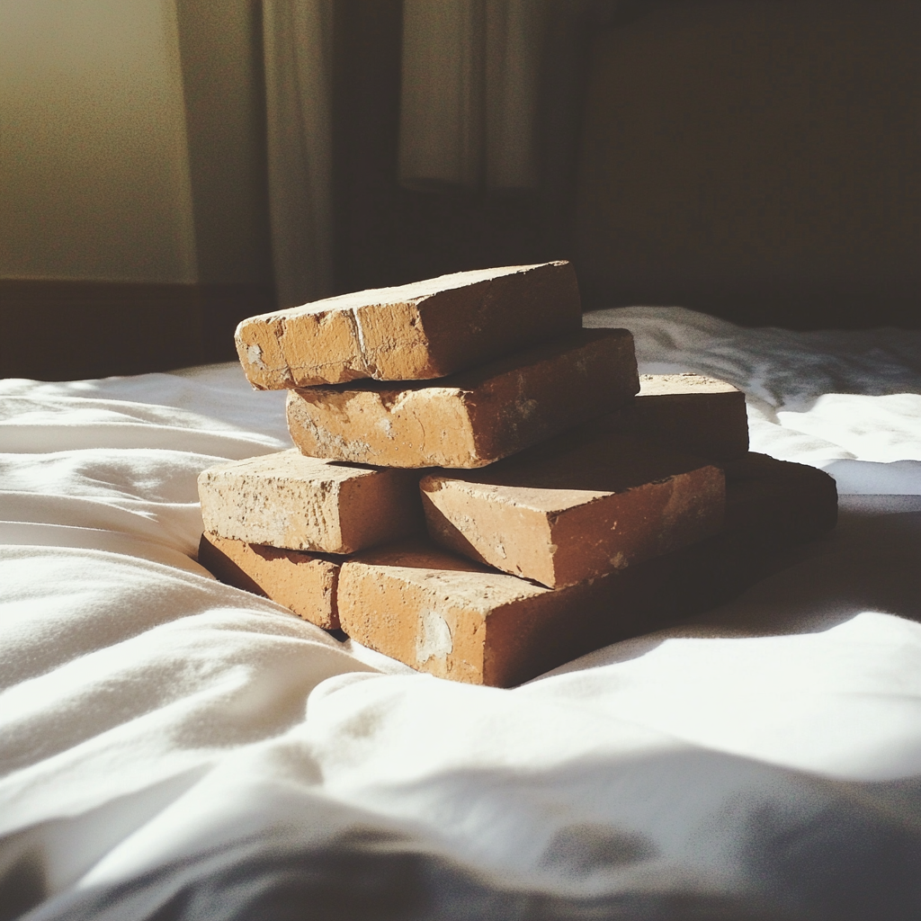Ladrillos en una cama de hotel | Fuente: Midjourney