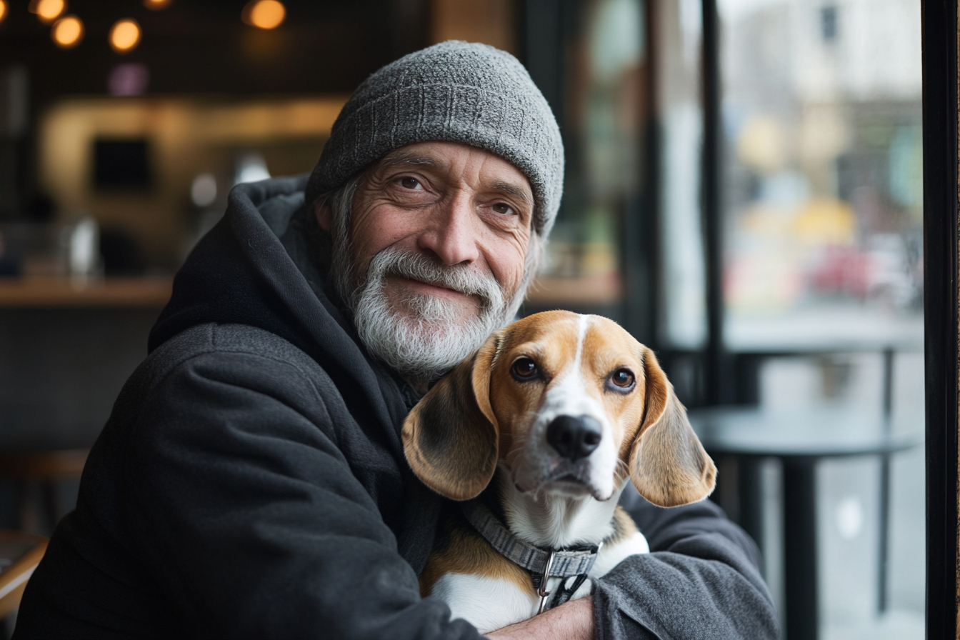 Indigente abraza a un perro dentro de un café y sonríe | Fuente: Midjourney