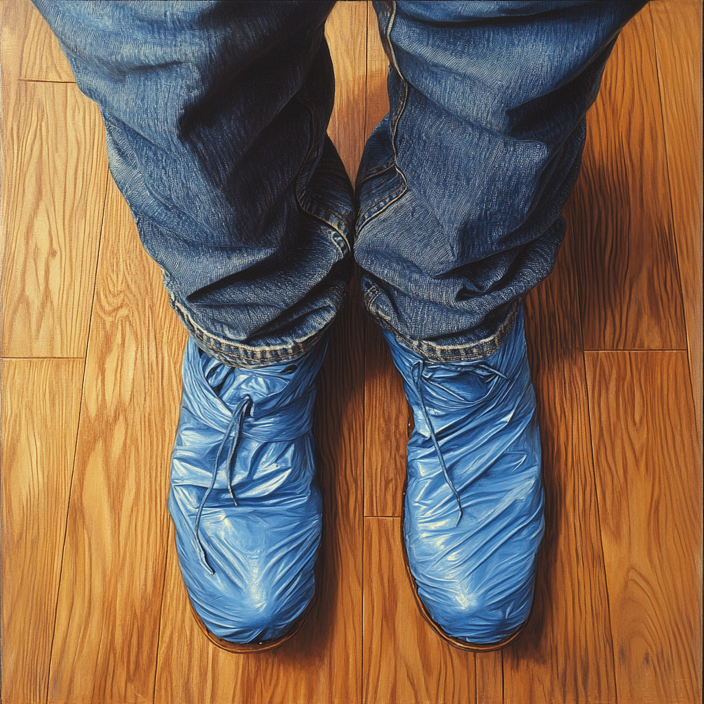 Un hombre con cubrezapatos azules | Fuente: Midjourney