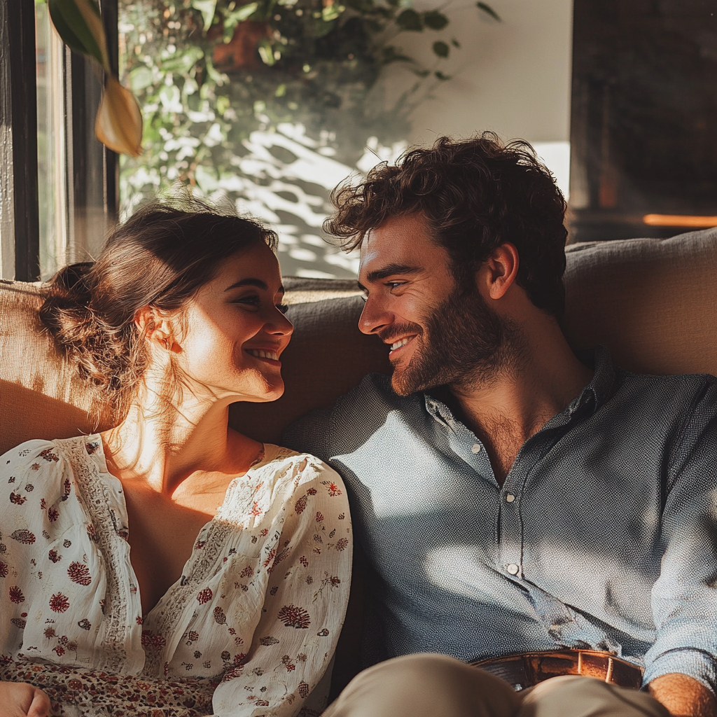 Una pareja feliz hablando en el sofá | Fuente: Midjourney