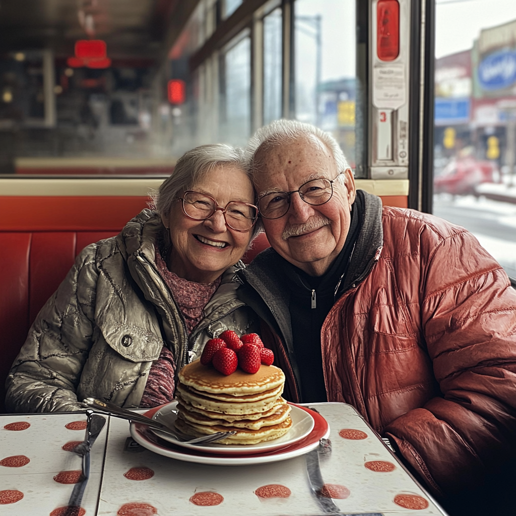 Una pareja de ancianos sentada en la mesa de una cafetería | Fuente: Midjourney