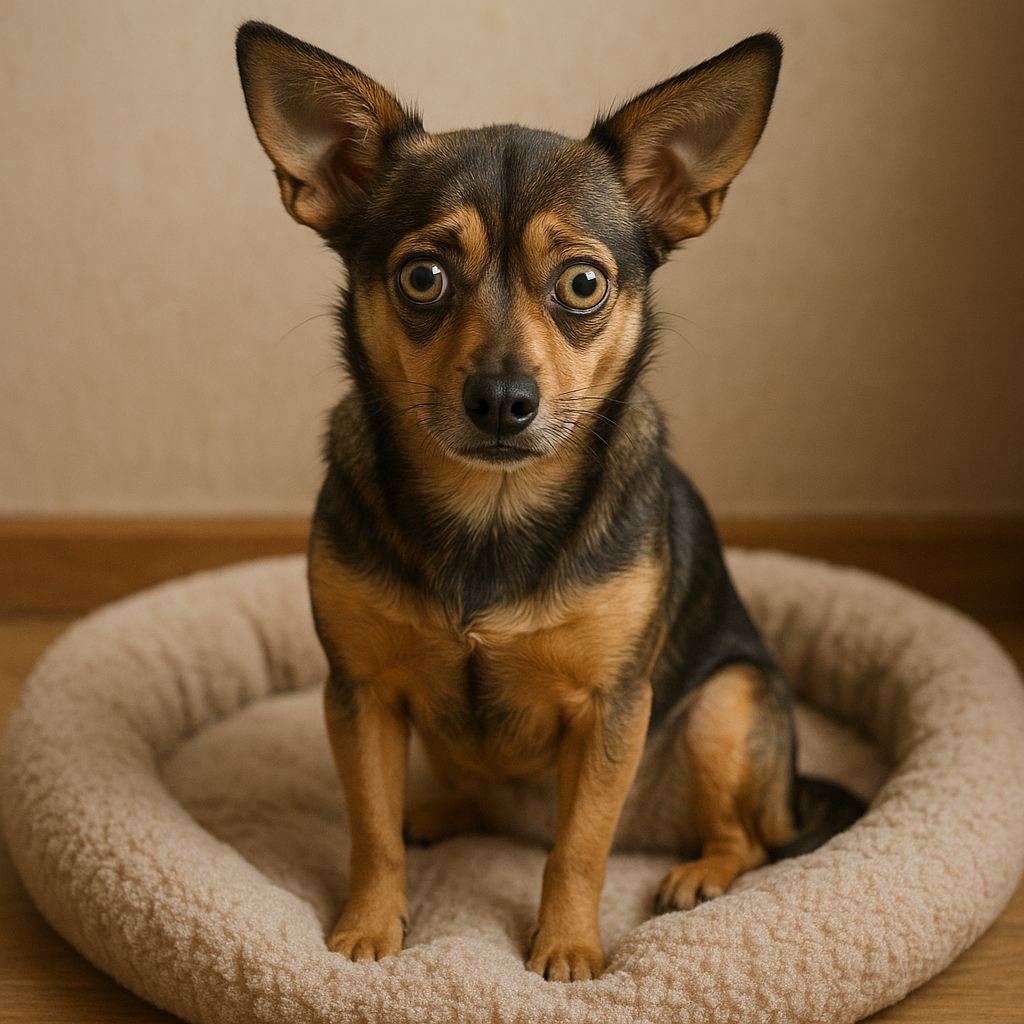 Un perro mestizo sentado en su cama | Fuente: DALL-E