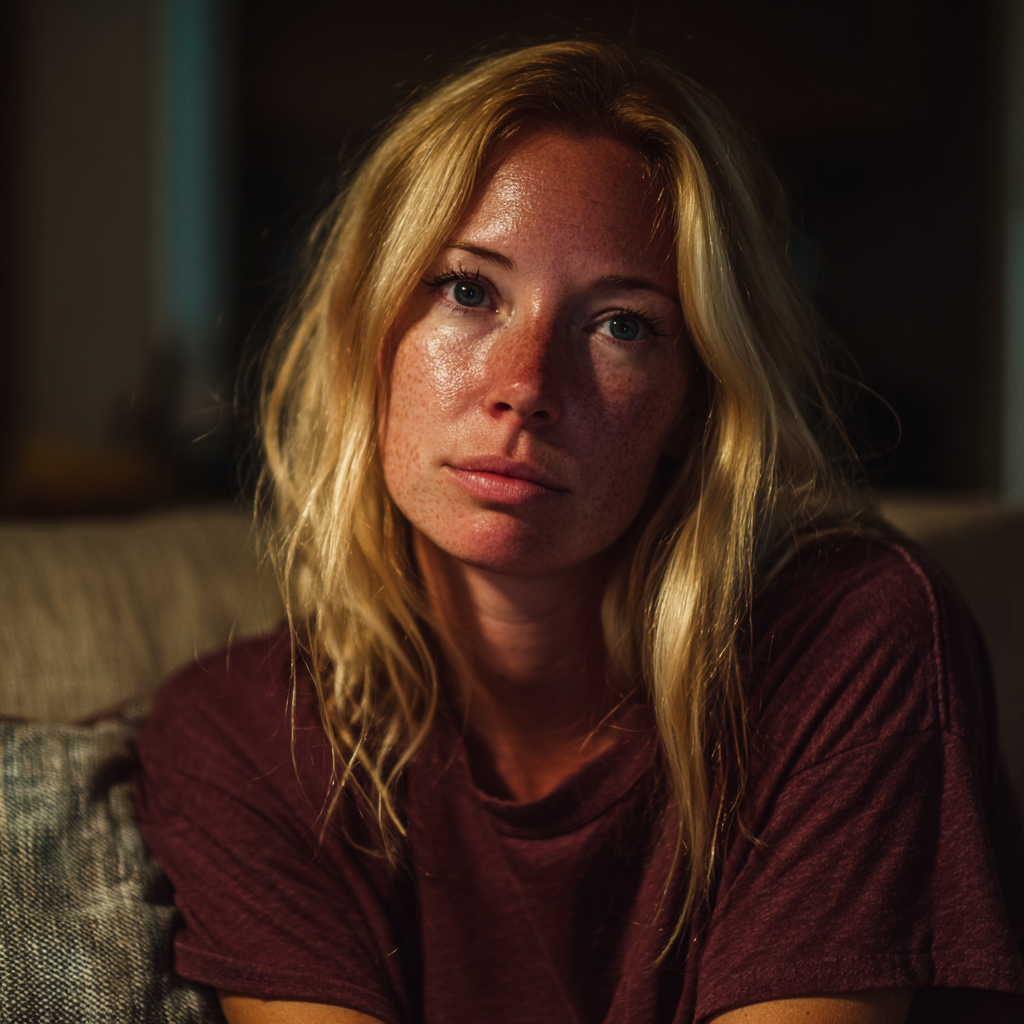 Una donna emotiva seduta su un divano | Fonte: Midjourney