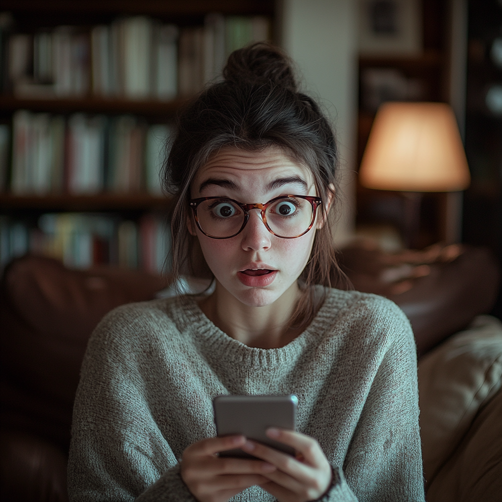 Una mujer conmocionada mirando su teléfono | Fuente: Midjourney