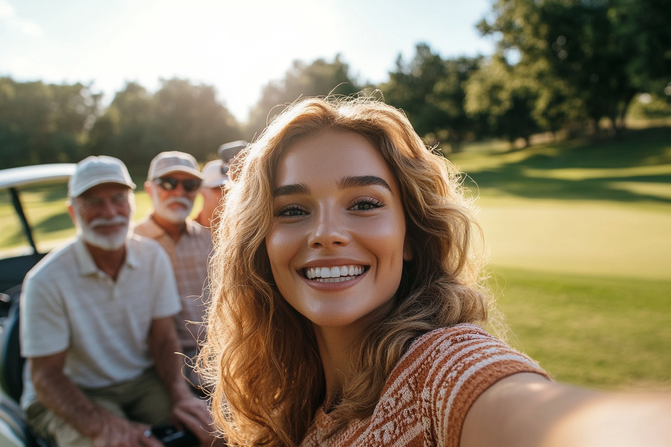 Una mujer haciéndose selfies en un campo de golf | Fuente: Midjourney