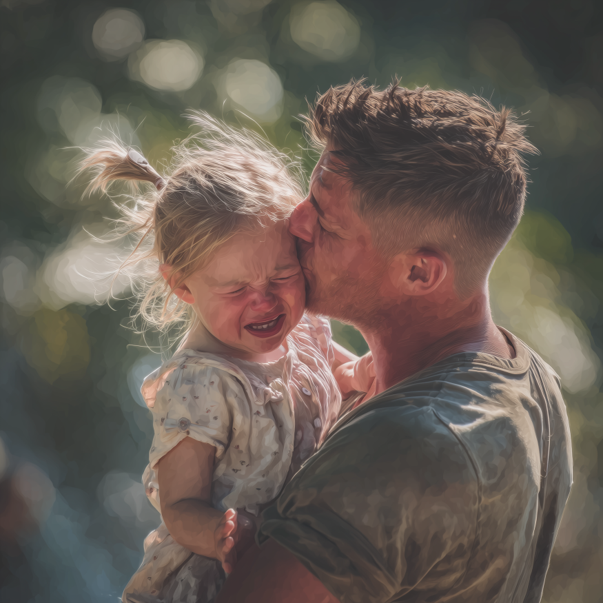 Un papá sostiene a su hija llorando en un parque | Fuente: Midjourney