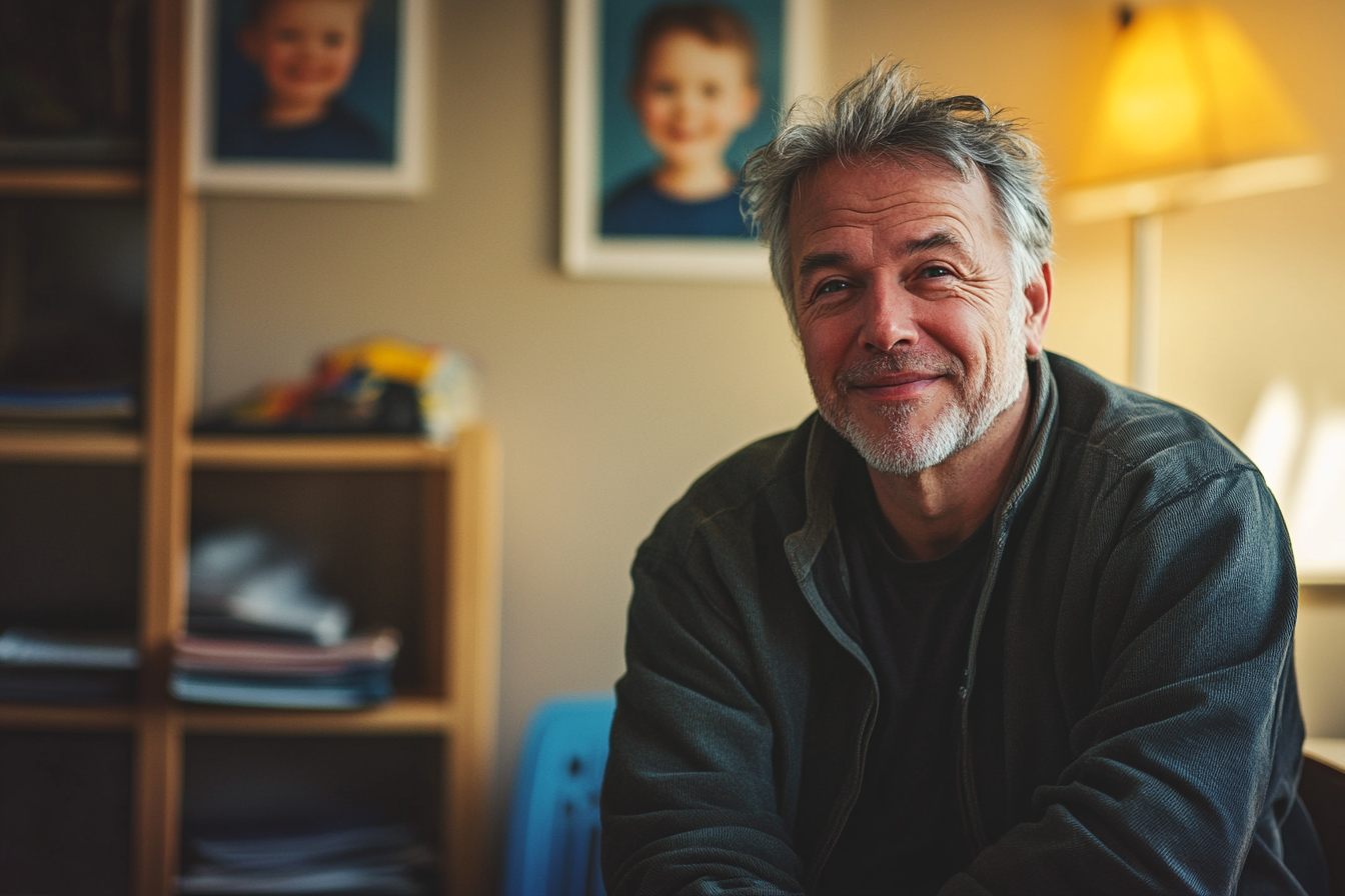 Hombre sonriendo en un despacho de un centro infantil | Fuente: Midjourney