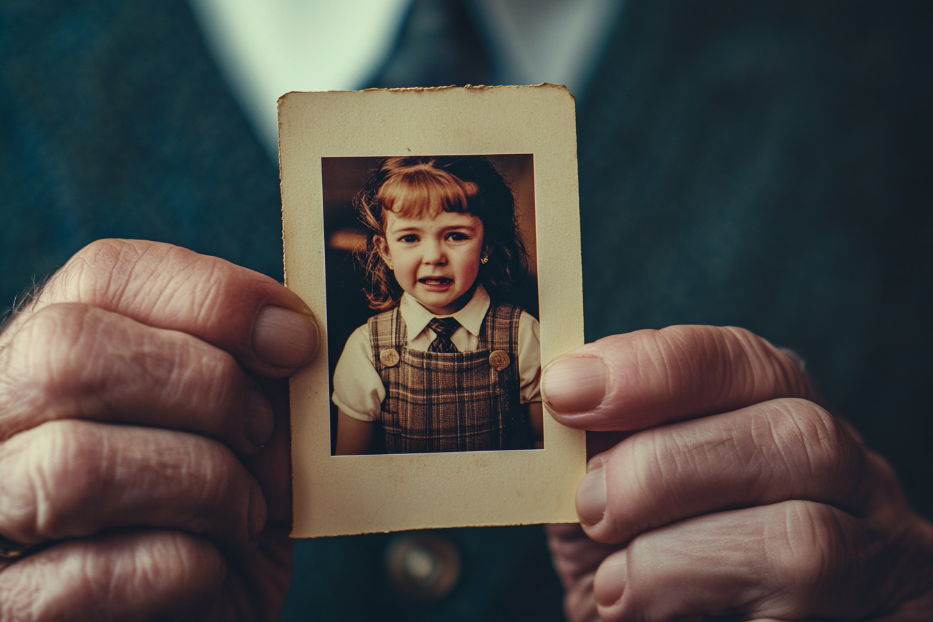 Un hombre mayor sostiene una foto antigua de una niña llorando con uniforme escolar | Fuente: Midjourney