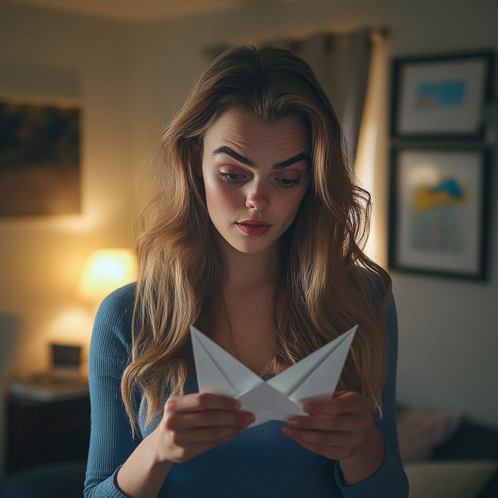 Una mujer curiosa mirando un avión de papel en sus manos | Fuente: Midjourney